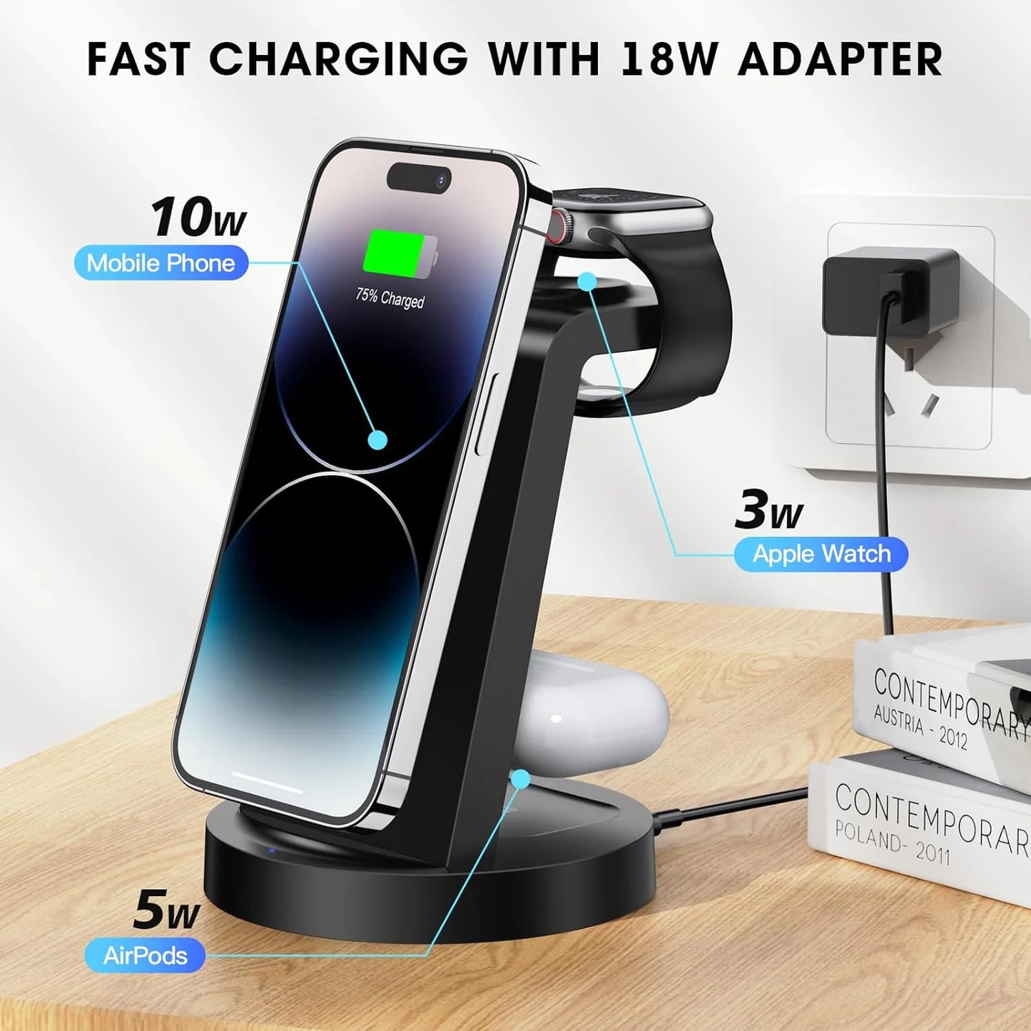 ETEPEHI 3-in-1 Wireless Charging Station - Fast 18W Dock for iPhone 17/16/15/14/13/12/11, Apple Watch & AirPods (4/3/Pro)