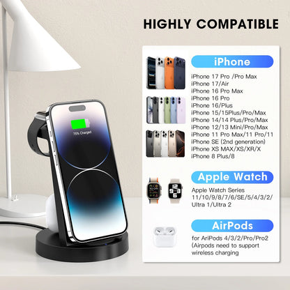 ETEPEHI 3-in-1 Wireless Charging Station - Fast 18W Dock for iPhone 17/16/15/14/13/12/11, Apple Watch & AirPods (4/3/Pro)