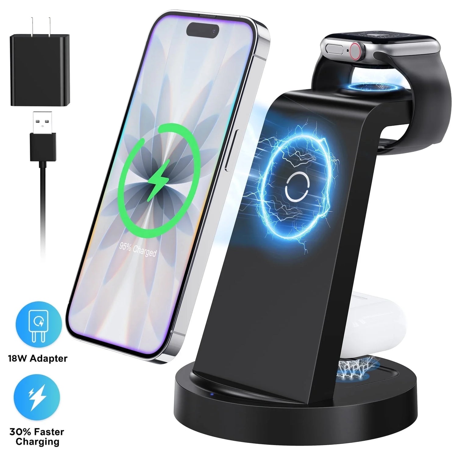 ETEPEHI 3-in-1 Wireless Charging Station - Fast 18W Dock for iPhone 17/16/15/14/13/12/11, Apple Watch & AirPods (4/3/Pro)