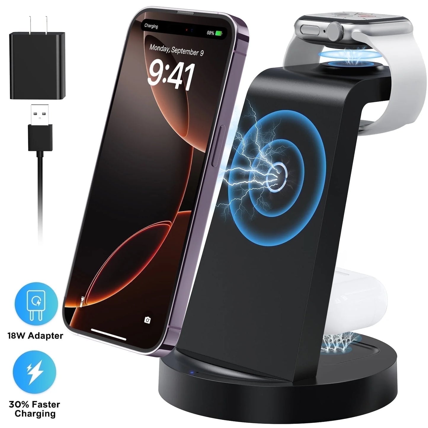ETEPEHI 3-in-1 Wireless Charging Station - Fast 18W Dock for iPhone 17/16/15/14/13/12/11, Apple Watch & AirPods (4/3/Pro)